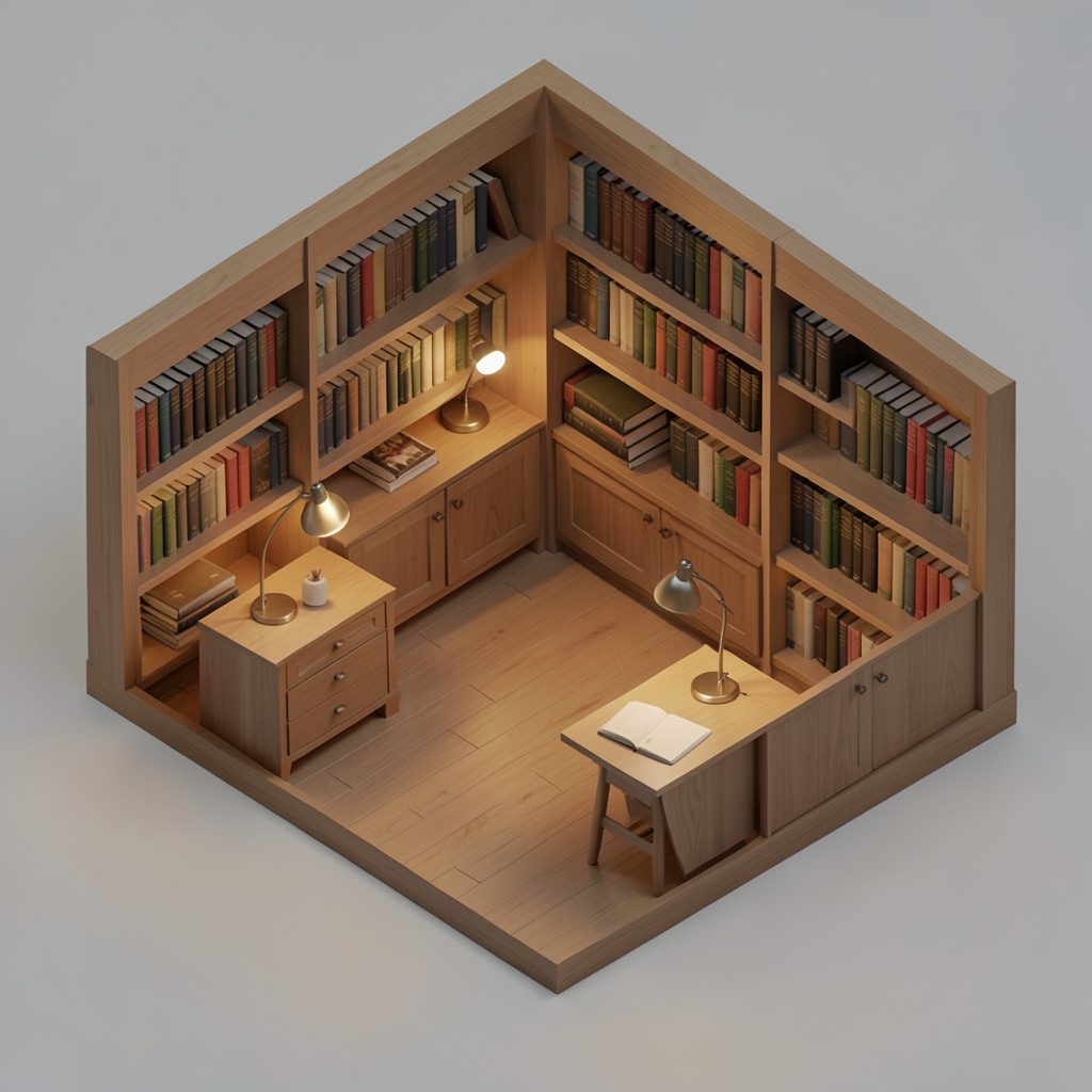 Isometric 3D render of a quiet study space with warm wood tones, soft amber desk lamps, and shelves of reference books, set against a dark charcoal background