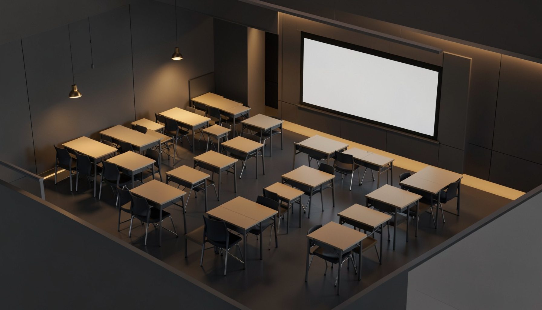 Warm-lit modern classroom interior with rows of desks, soft amber accent lighting, and a large presentation screen, rendered in a calm charcoal and amber palette