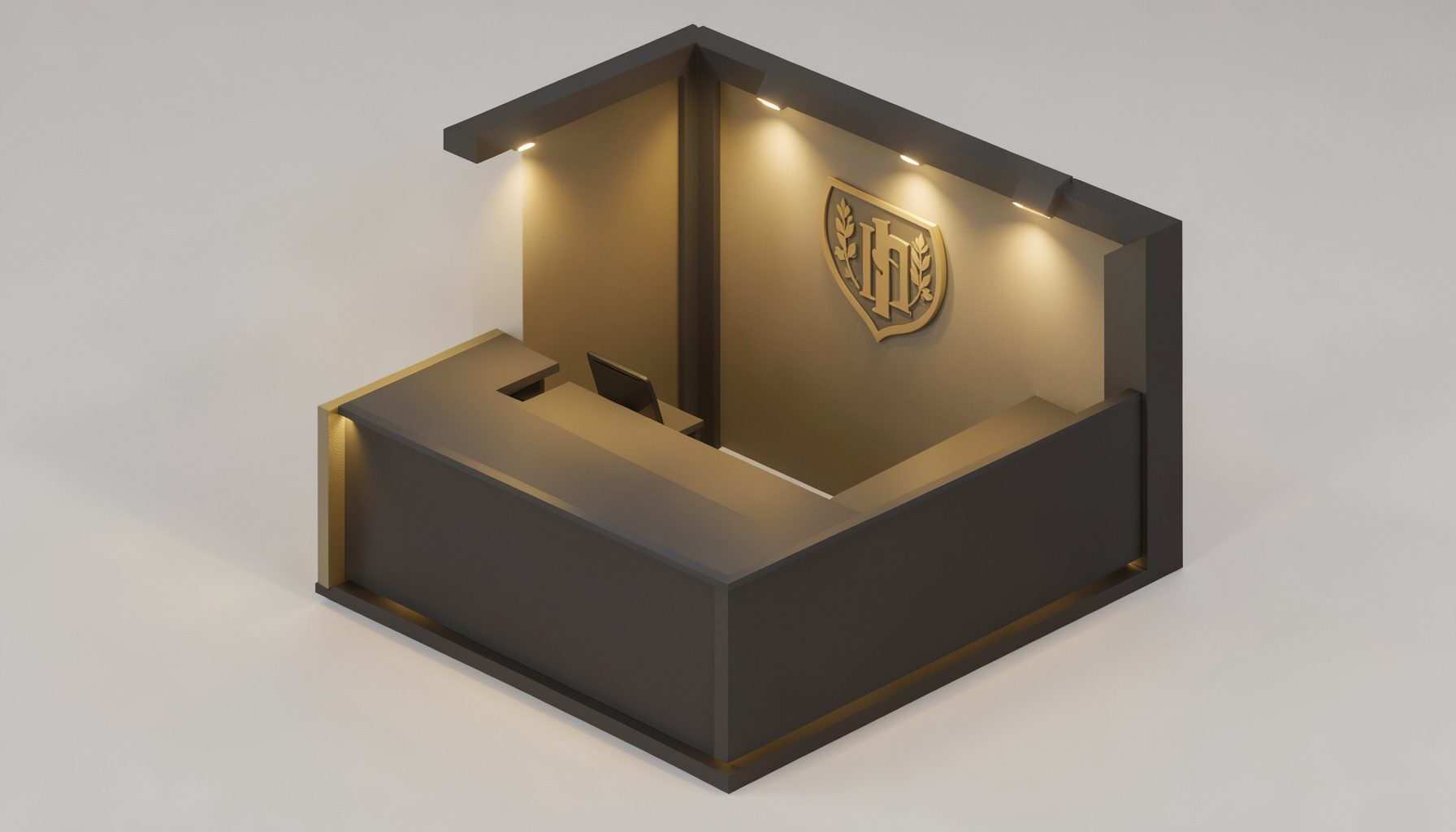 A warm isometric 3D render of a modern office reception desk with soft golden and charcoal tones, featuring a subtle academy atmosphere.